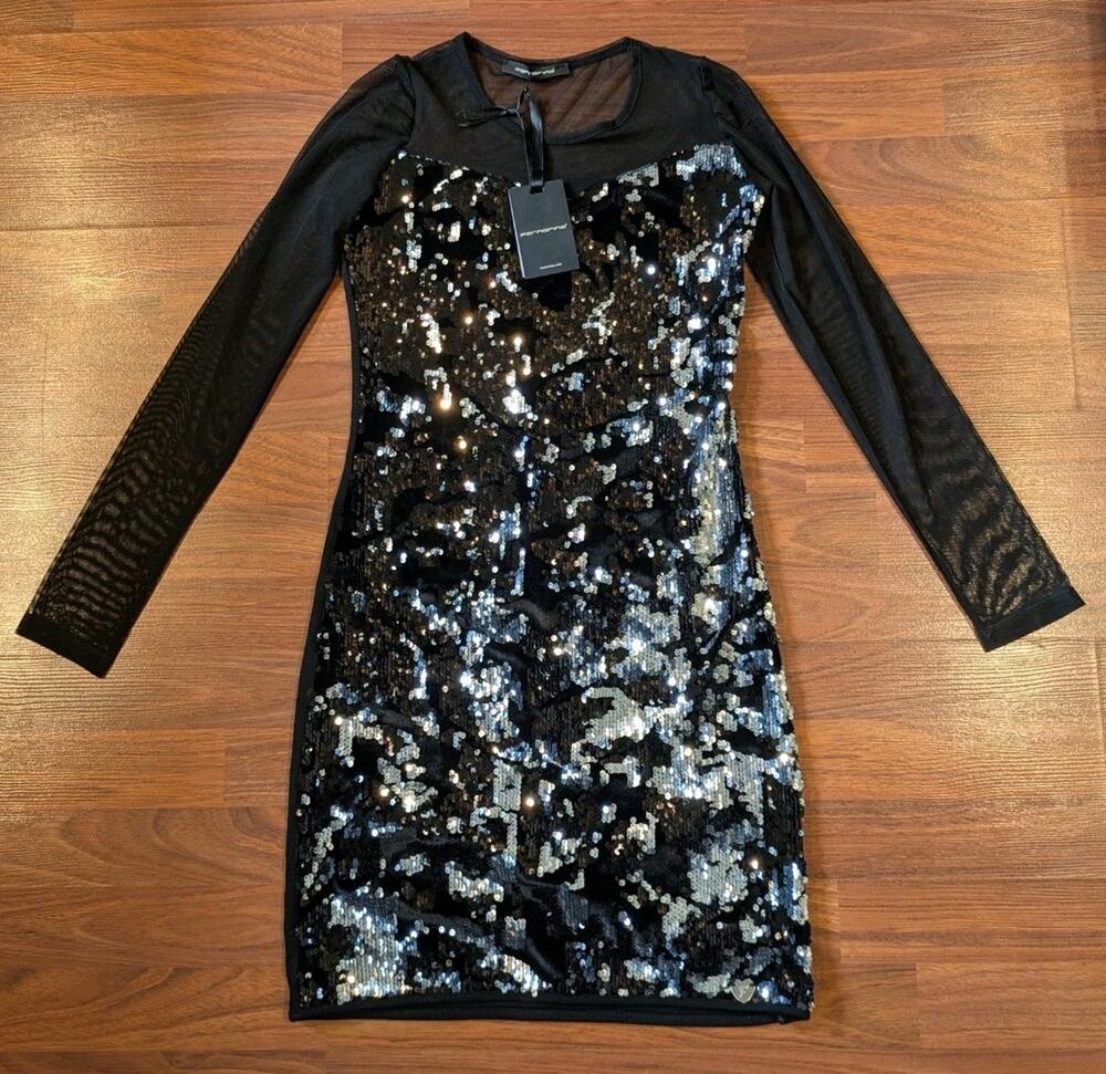 Fornarina Sequin Dress Womens S Black Long Sleeve Sheer Party Club Mini NWT